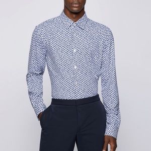 Hugo Boss Slim Fit Shirt in Printed Blue and White Stretch Jersey NWOT